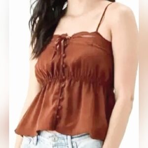 American Eagle Women's Cami Top Lace Trim Buttons Babydoll/Peplum Brown Small